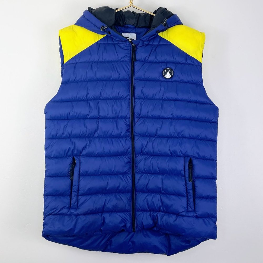Zyia Active Altitude Vest Blue Yellow Full Zip Hooded Puffer Vest Size: XL